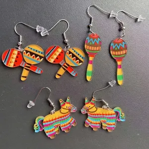 Mexican Cinco De Mayo Carnival Acrylic Earrings For Women Cactus Piñata Sombrero Avocado Skull Chili Tequila Bottle Party Jewelry