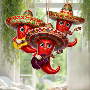 Set of 12 Mexican chili wooden hanging ornaments for Day of the Dead party decoration