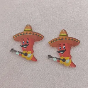 Two Mexican Fiesta cartoon chili pepper acrylic charms with sombrero and guitar for DIY crafts