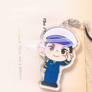 Detail showing the protective film being peeled off from a cartoon officer keychain