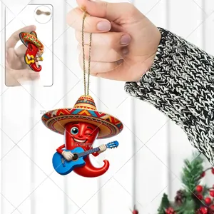 Close-up of 2D flat wooden Mexican chili ornament showing thickness and texture
