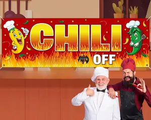 Vibrant red Chili Cook Off party banner with cartoon pepper chefs and fire design.