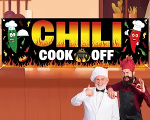 Detail of the vibrant Chili Cook-off banner featuring fun chili pepper cartoon graphics.