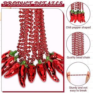 Detailed close-up of glossy red chili pepper shaped beads and sturdy necklace chain.