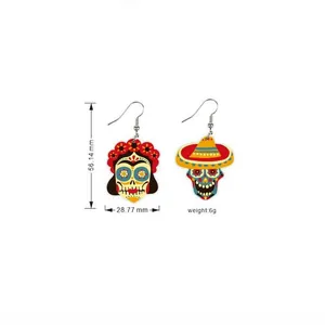 Detailed view of Mexican Day of the Dead skull acrylic drop earrings with 6g weight specs