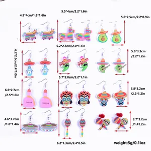 Detailed dimension specifications for Mexican Carnival party cartoon acrylic earrings set