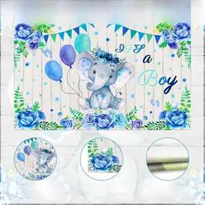 Vista dettagliata dello sfondo per baby shower con elefante blu e motivi floreali