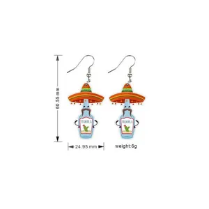 Acrylic tequila bottle earrings with sombrero, detailed dimensions 60.55mm x 24.95mm.