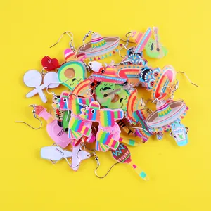 Colorful Mexican Fiesta cartoon acrylic earrings featuring vibrant piñatas and sombreros.