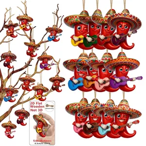 Set of 12 flat wooden Mexican chili pepper ornaments with sombreros and guitars for party decor