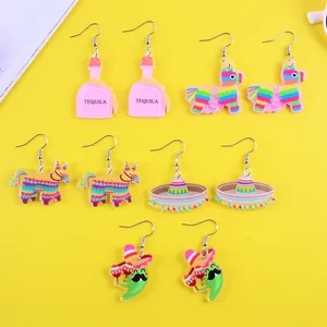 Colorful Mexican Fiesta acrylic earrings featuring tequila bottle and pinata designs