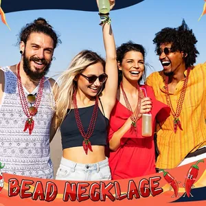Close-up of festive red chili bead necklaces worn by group at a sunny outdoor party