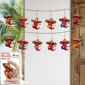 12Pcs 2D flat wooden Mexican chili pendants for party and home decor