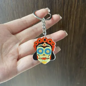 Vibrant Mexican carnival skull keychain with colorful floral crown and creative artistic design