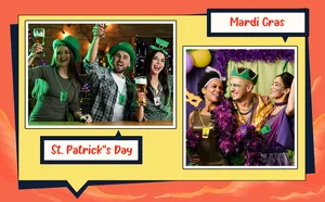 Festive bead necklaces with shot glass pendants for St. Patrick's Day and Mardi Gras party scenes.