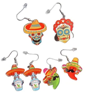 Mexican Cinco de Mayo acrylic earrings featuring skull, tequila, and avocado motifs