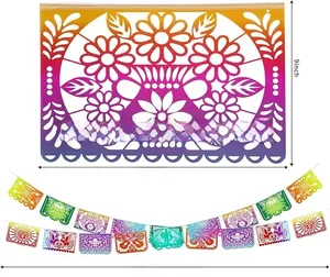 Detailed view of Mexican papel picado banners with gradient colors and 30ft length