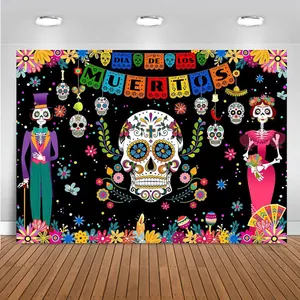Vibrant Dia de los Muertos celebration backdrop with colorful sugar skull and skeleton designs
