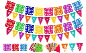 Colorful Mexican felt banners featuring intricate hollow floral designs for festivities