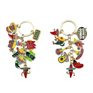Colorful Mexican Fiesta enamel keychains with chili pepper and sombrero charms.