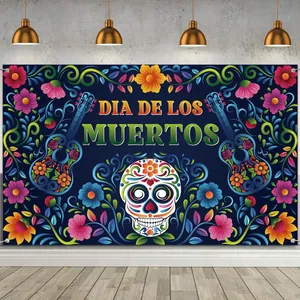Detailed view of the colorful Dia de los Muertos banner in a festive room setting