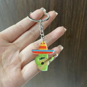 Porte-clés cactus de dessin animé avec sombrero mexicain et guitare pour la fête