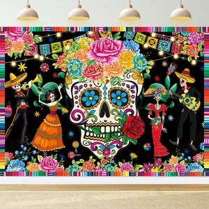 Vibrant Day of the Dead backdrop featuring a floral sugar skull and Mariachi skeletons