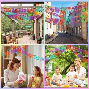 Detailed lifestyle scenes showing gradient Mexican party banners in various festive settings