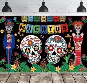 Day of the Dead party backdrop featuring colorful sugar skulls and Mexican skeletons