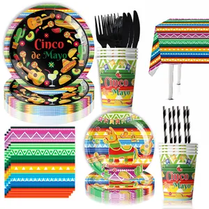 Mexican Fiesta Party Supplies Set Cinco De Mayo Decorations Disposable Paper Plates Cups Napkins Tablecloth Banner For Kids Birthday Holiday Party Decor