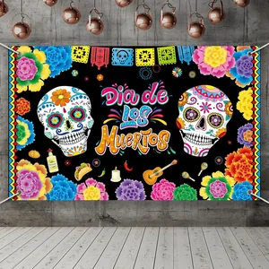 Vibrant Dia de los Muertos decorative banner with sugar skulls for party backdrop