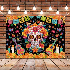 Vibrant Day of the Dead banner backdrop with sugar skull design for Mexican party decoration