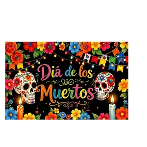 Vista detallada del cartel del Día de los Muertos con calaveras de azúcar y flores