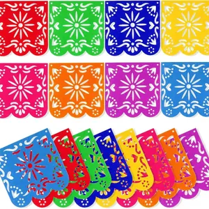 Vibrant multicolored Mexican Papel Picado felt banners for Day of the Dead party decor