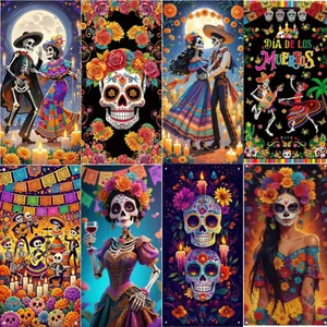 Detailed collection of eight vibrant Mexican Day of the Dead festive banner designs