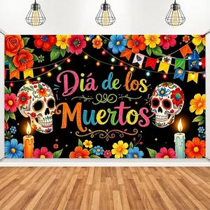 Mexican Day Of The Dead Backdrop Sugar Skull Floral Banner For Party Decorations Polyester Dia De Los Muertos Wall Hanging Tapestry