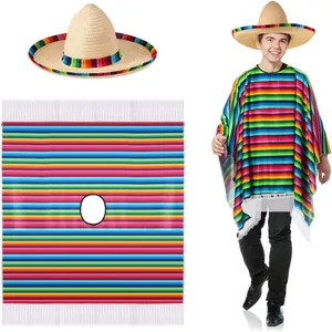 Vista dettagliata del set poncho messicano a righe arcobaleno e cappello sombrero di paglia