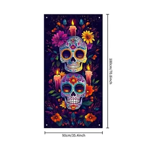 Mexican Day of the Dead door banner with sugar skull design and dimensions