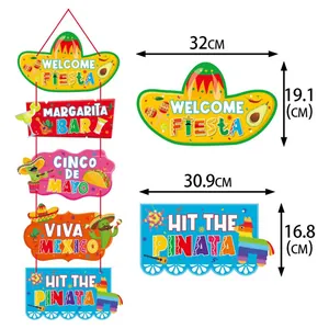 Colorful Mexican party hanging banners with dimensions for festive Cinco de Mayo decor.