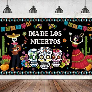 Festive Day of the Dead backdrop with sugar skulls and skeleton dancers decoration