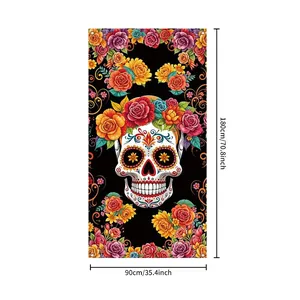Mexican Day Of The Dead Door Cover Polyester Skull Floral Banner For Halloween Party Decorations Porch Backdrop Banner