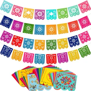 Vibrant Mexican papel picado felt banners with intricate flower cutouts for parties