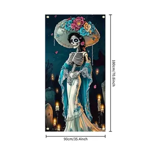 Detailed Mexican Day of the Dead door cover banner with skeleton lady, size 180x90cm