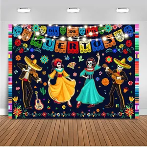 Vibrant Mexican Day of the Dead banner backdrop featuring festive skeletons and floral motifs