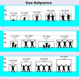 Visual size comparison chart for backdrop banners with dimensions in cm and feet