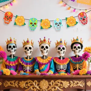 Bannière du Jour des Morts avec têtes de mort et fleurs pour décoration de fête mexicaine