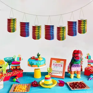 Close-up of colorful accordion paper lanterns hanging for a Mexican party theme
