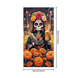 Mexican Day of the Dead door banner with floral skeleton and marigolds 90x180cm