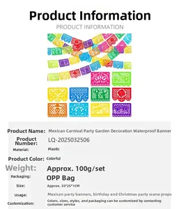 Detail view of colorful Mexican party banners listing material, size and usage specs