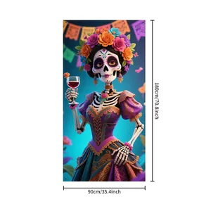 Mexican Day of the Dead door cover banner with elegant Catrina skeleton illustration